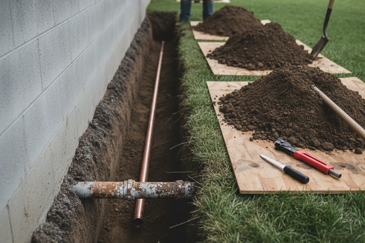 Excavated water line trench during Water Softener Installation in Union City